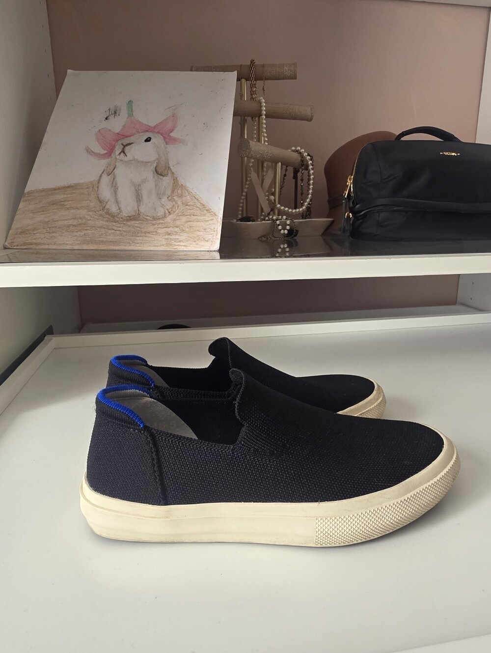 Rothy's Black Slip-On Mules with Cream Sole and Blue Heel Accent